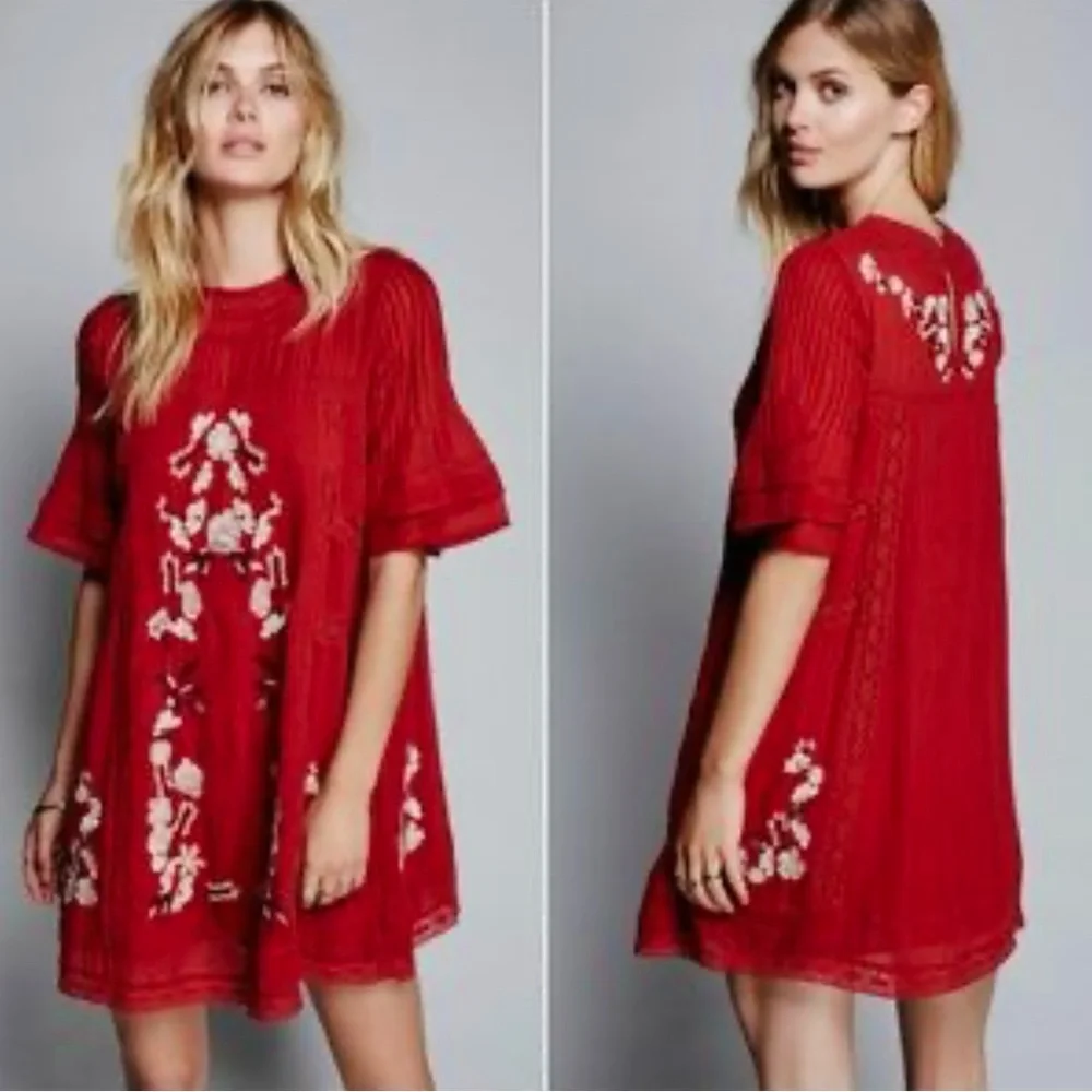 Free People Perfect Victorian rust mini Dress embroireded  mini Dress